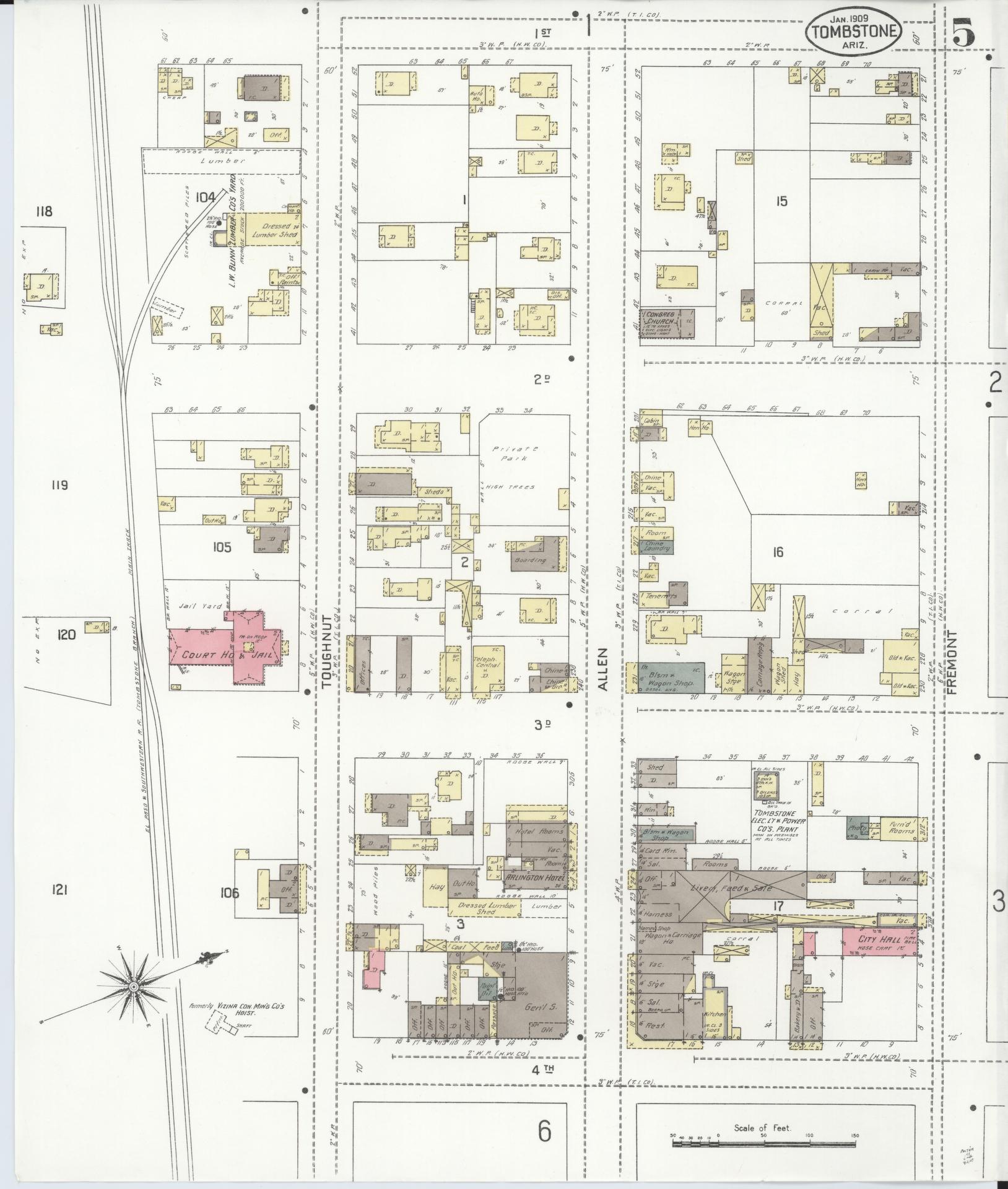 Sanborn Fire Insurance Map from Tombstone, Cochise County, Arizona (1909), Sheet #0005 - Historic Sanborn Fire Insurance Map Print, vintage old map wall art, antique decor, genealogy gift, Arizona Arizona map