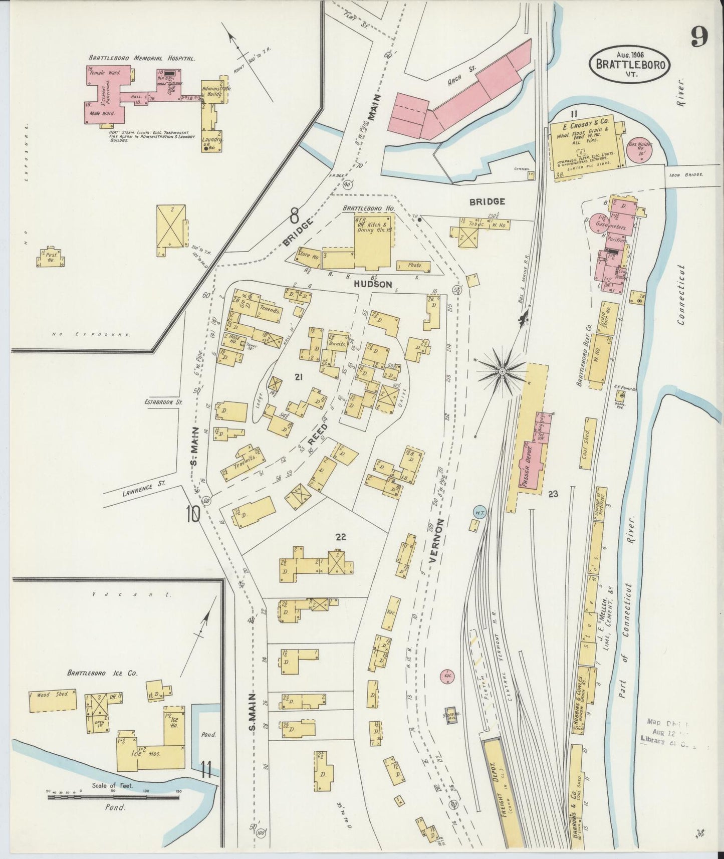 Sanborn Fire Insurance Map from Brattleboro, Windham County, Vermont (1906), Sheet #0009 - Complete Map Set gallery image, historic Sanborn map, vintage wall art, Vermont Vermont