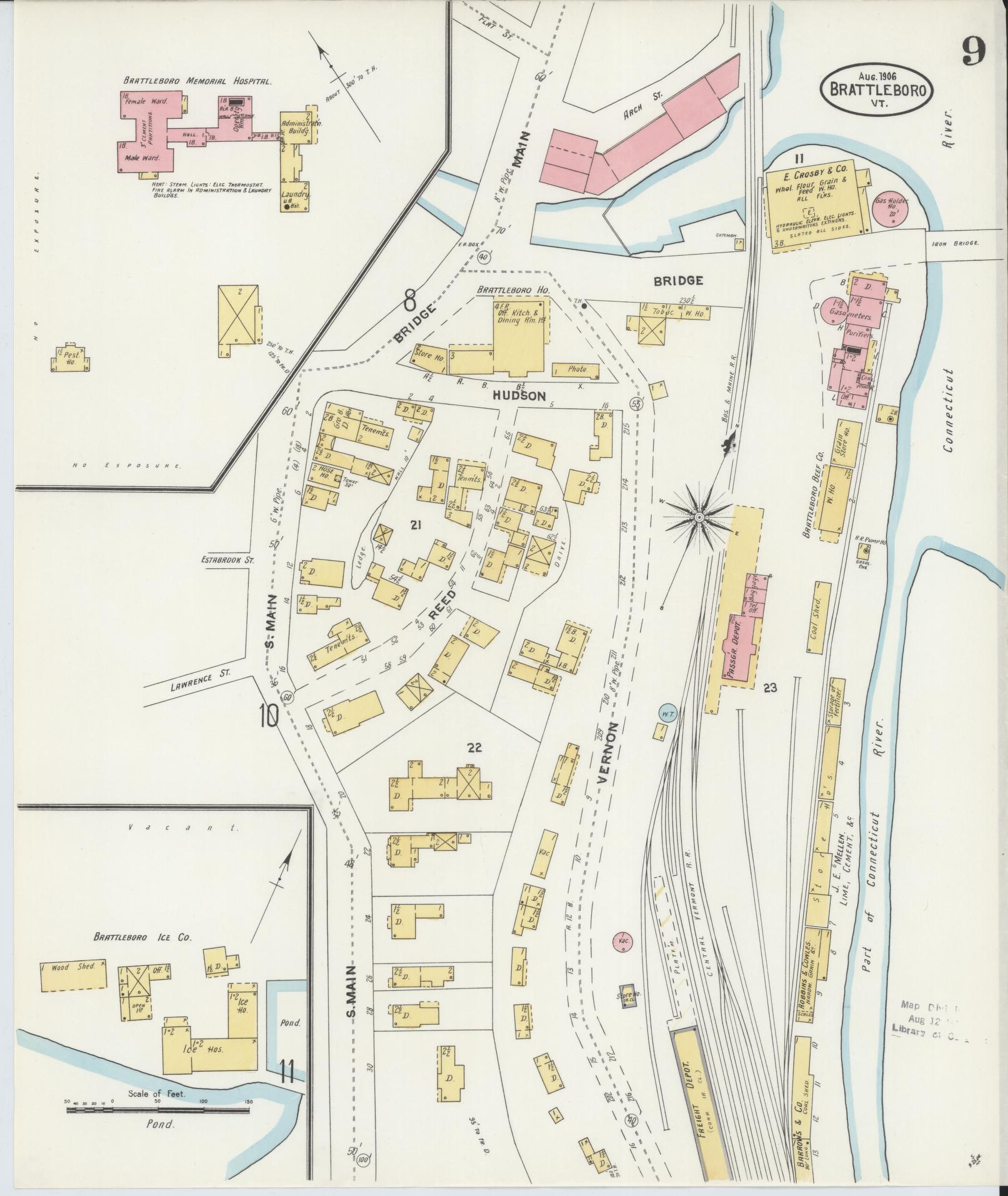 Sanborn Fire Insurance Map from Brattleboro, Windham County, Vermont (1906), Sheet #0009 - Complete Map Set gallery image, historic Sanborn map, vintage wall art, Vermont Vermont