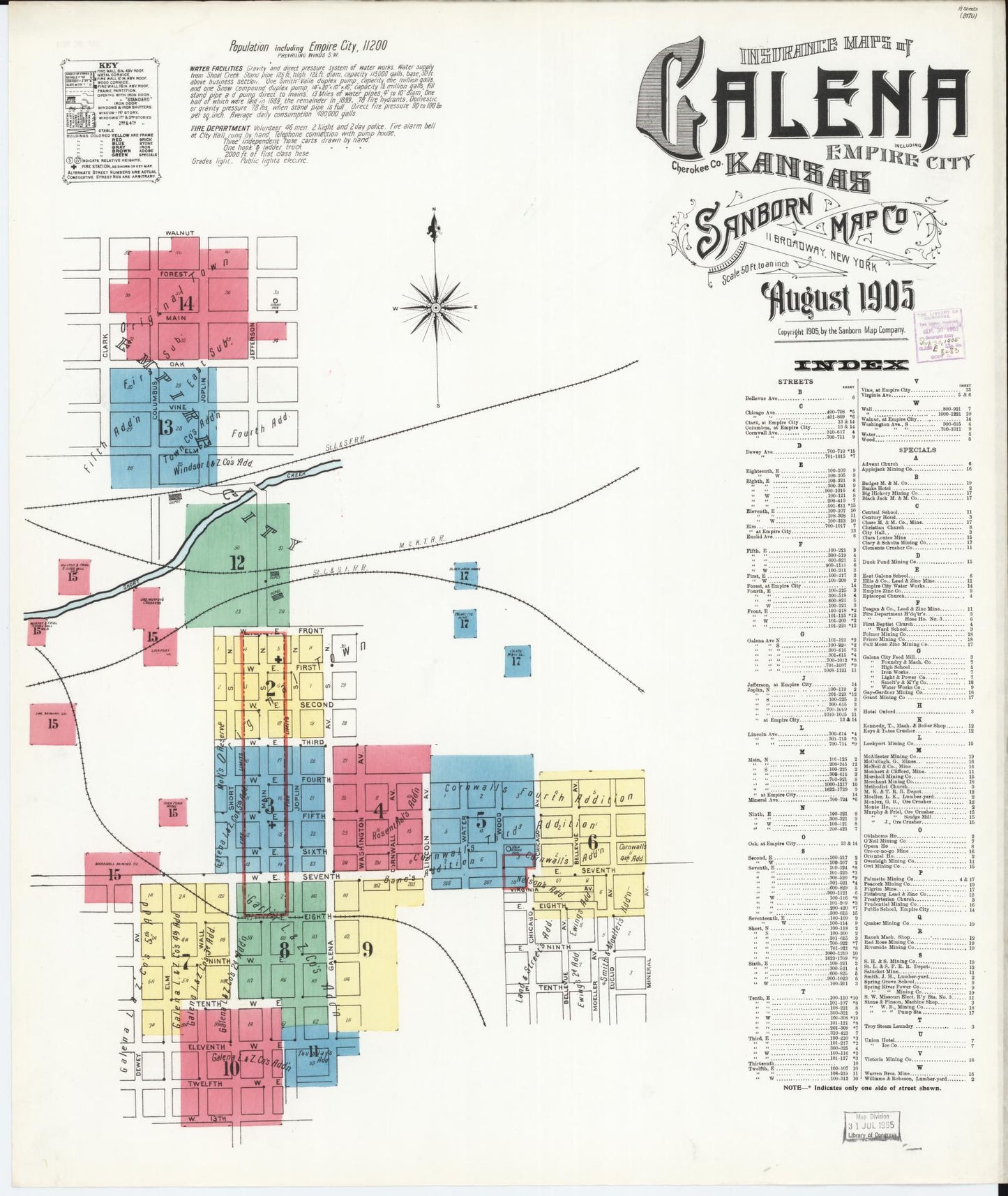 Sanborn Fire Insurance Map from Galena, Cherokee County, Kansas (1905), Sheet #0001 - Historic Sanborn Fire Insurance Map Print, vintage old map wall art, antique decor, genealogy gift, Kansas Kansas map