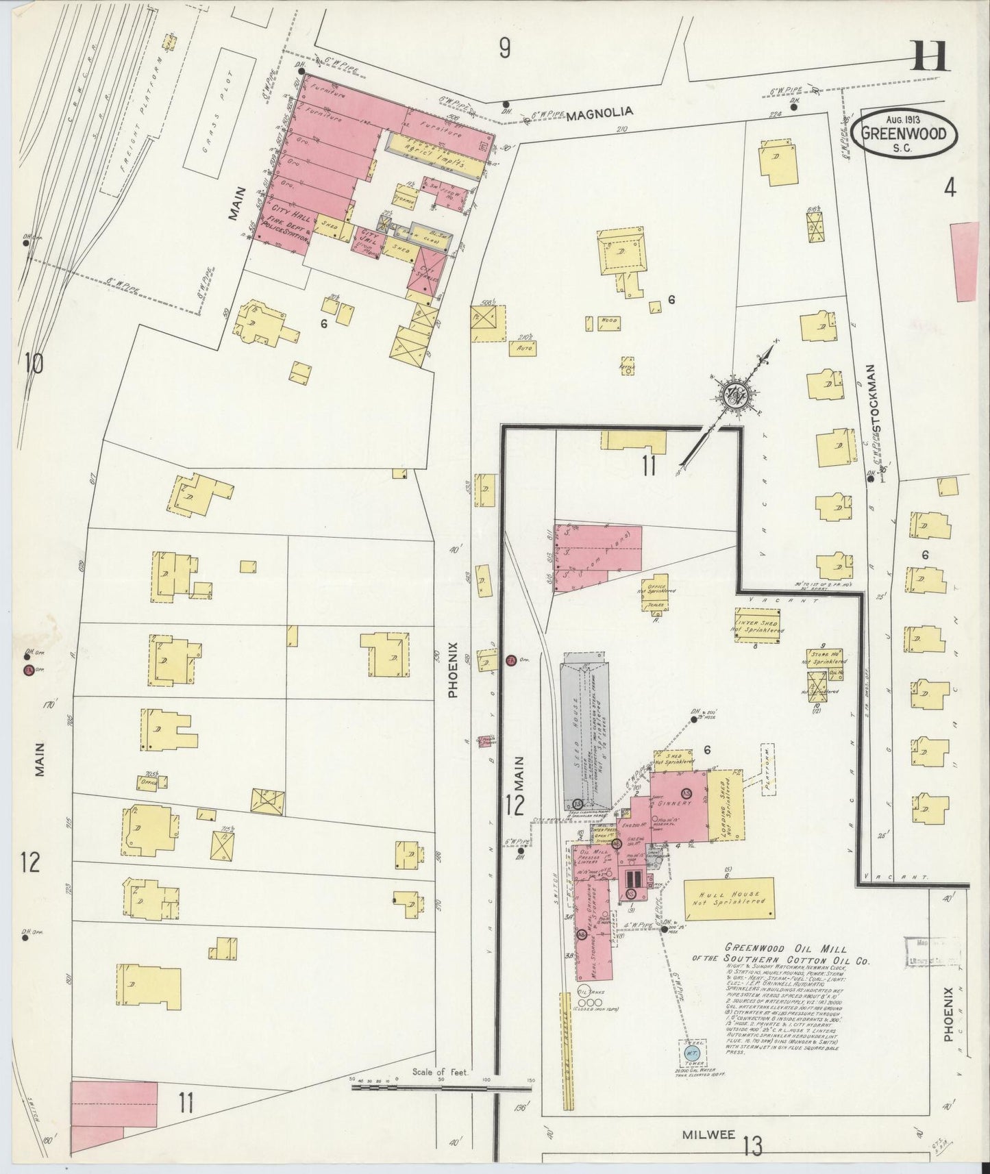 Sanborn Fire Insurance Map from Greenwood, Greenwood County, South Carolina (1913), Sheet #0011 - Historic Sanborn Fire Insurance Map Print, vintage old map wall art, antique decor, genealogy gift, South Carolina South Carolina map