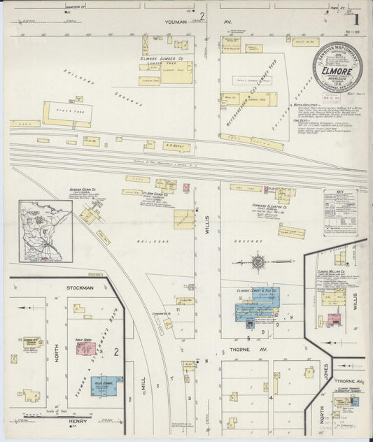 Sanborn Fire Insurance Map from Elmore, Faribault County, Minnesota (1914), Sheet #0001 - Historic Sanborn Fire Insurance Map Print, vintage old map wall art, antique decor, genealogy gift, Minnesota Minnesota map