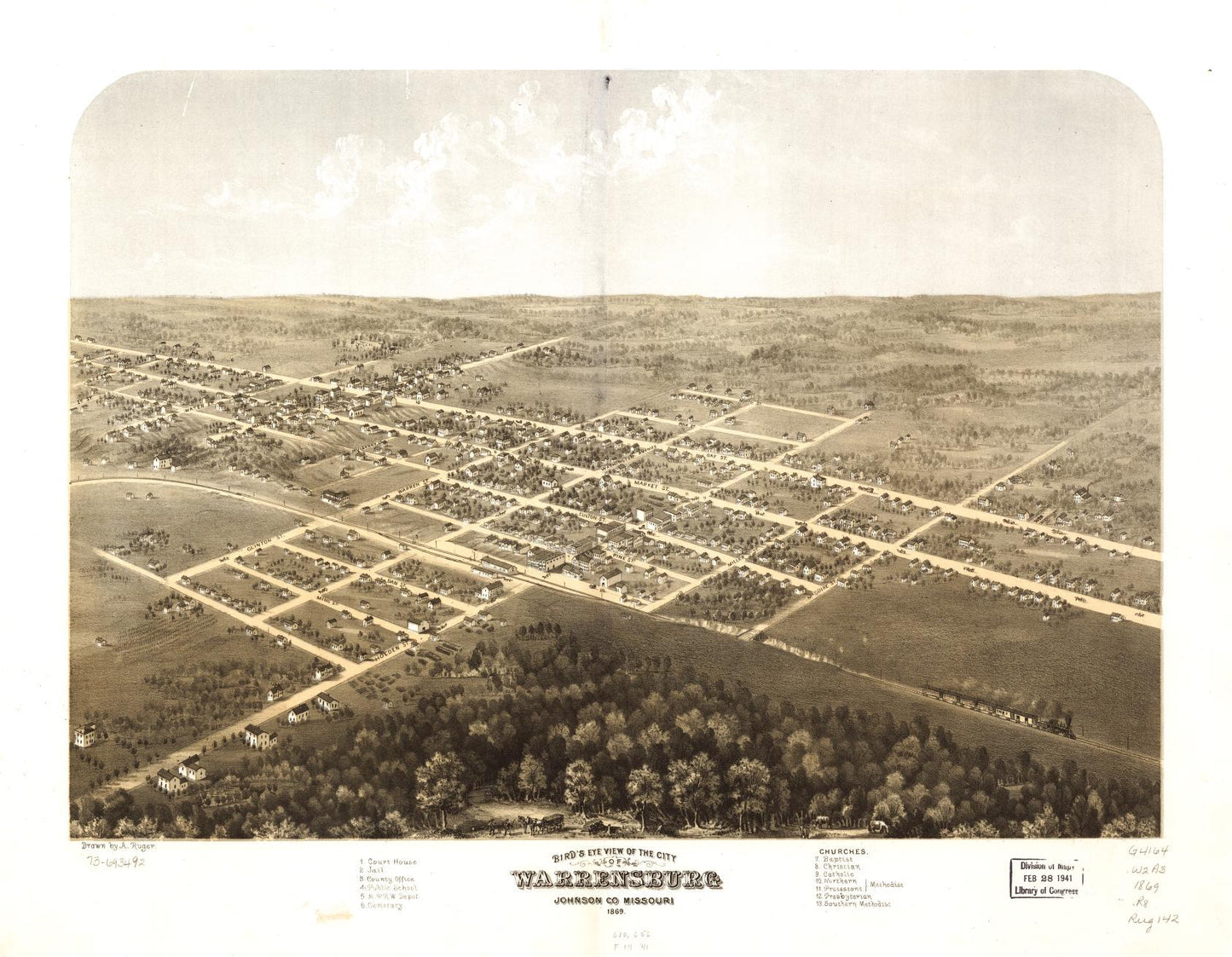 Bird's eye view of the city of Warrensburg, Johnson Co., Missouri 1869. (1869) – Historic Bird’s-Eye View Panorama Print