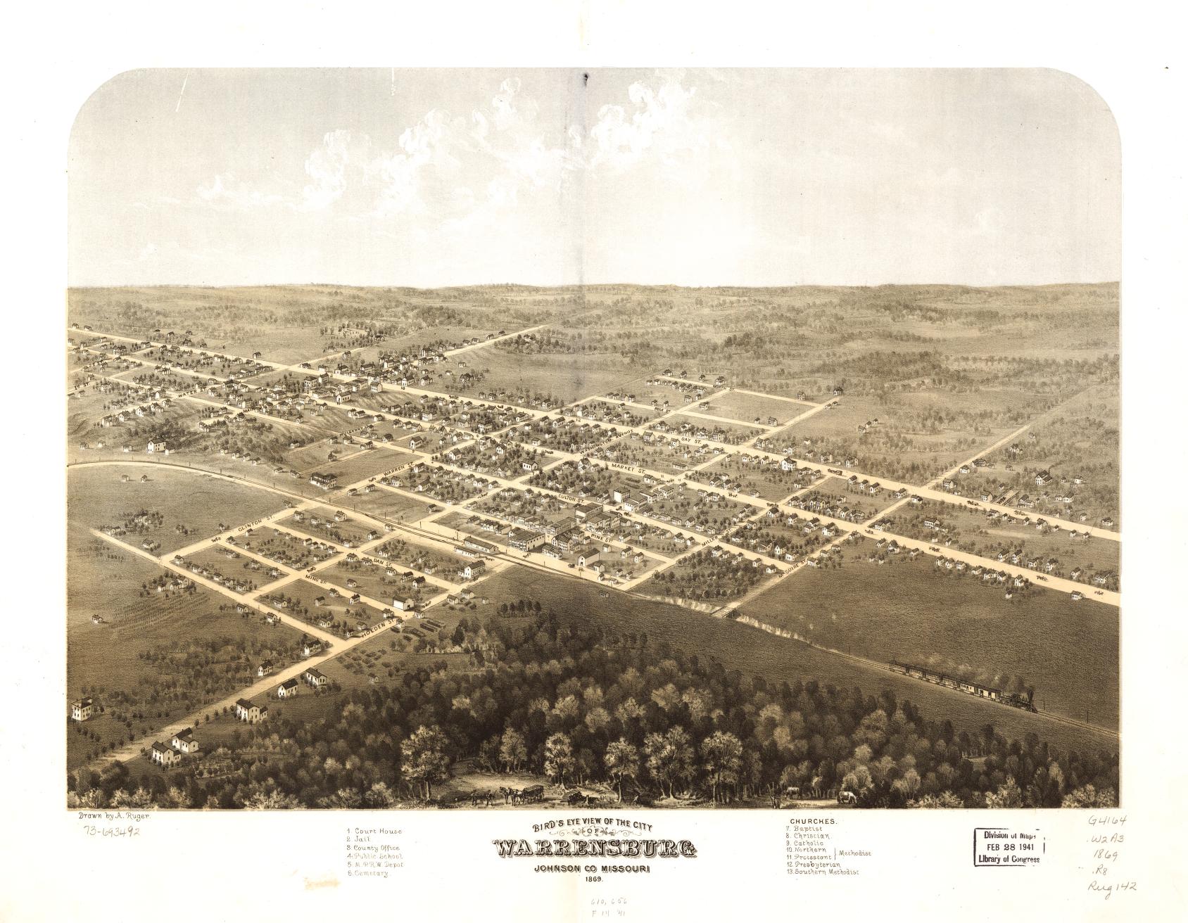 Bird's eye view of the city of Warrensburg, Johnson Co., Missouri 1869. (1869) – Historic Bird’s-Eye View Panorama Print