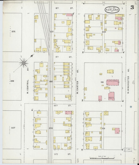 Sanborn Fire Insurance Map from Ashland, Boyd County, Kentucky (1895), Sheet #0003 - Historic Sanborn Fire Insurance Map Print, vintage old map wall art, antique decor, genealogy gift, Kentucky Kentucky map