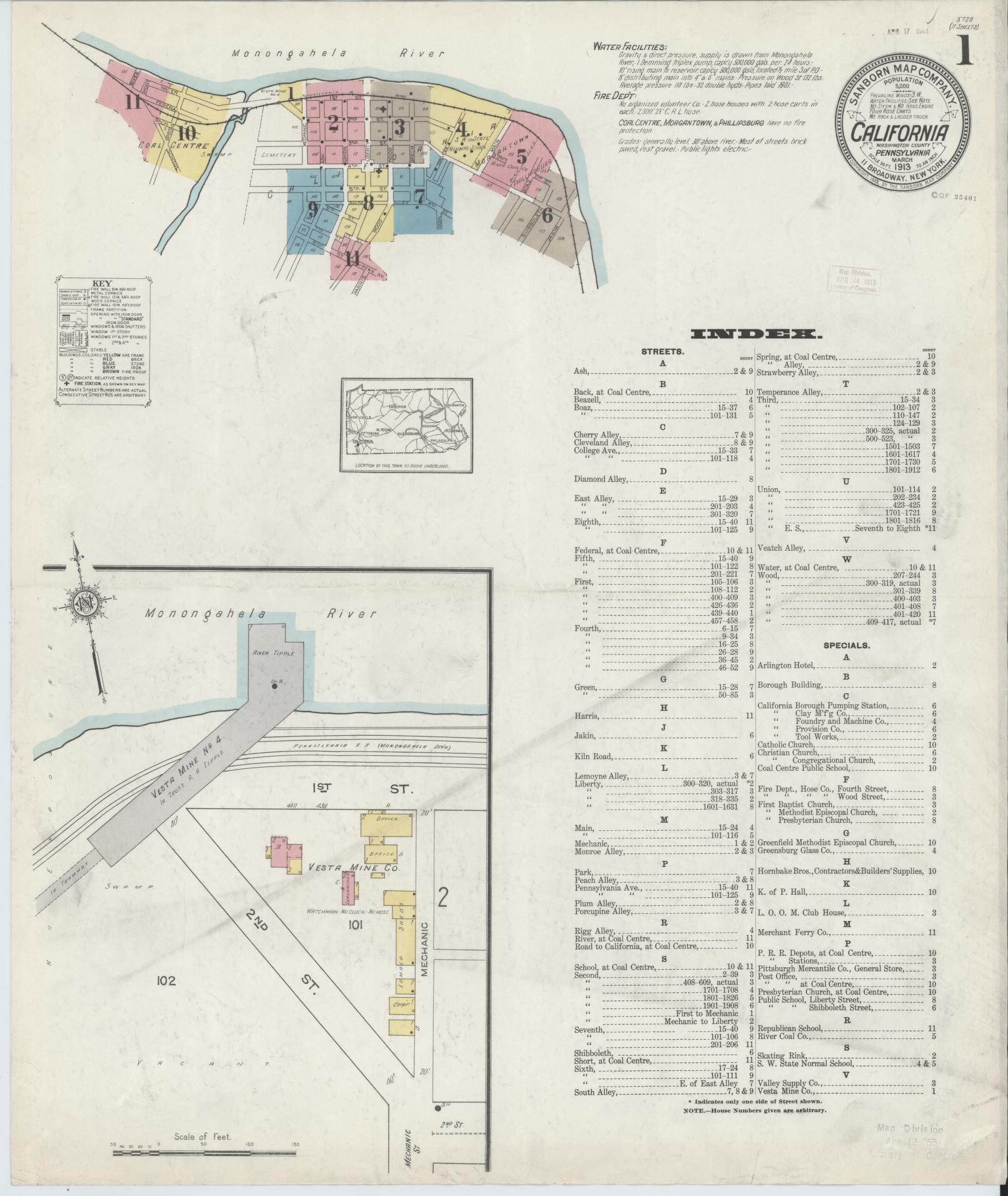 Sanborn Fire Insurance Map from California, Washington County, Pennsylvania (1913), Sheet #0001 - Complete Map Set gallery image, historic Sanborn map, vintage wall art, California California