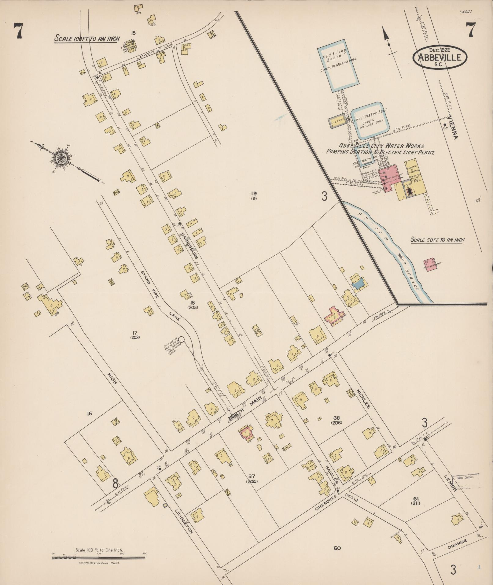 Sanborn Fire Insurance Map from Abbeville, Abbeville County, South Carolina (1922), Sheet #0007 - Complete Map Set gallery image, historic Sanborn map, vintage wall art, South Carolina South Carolina