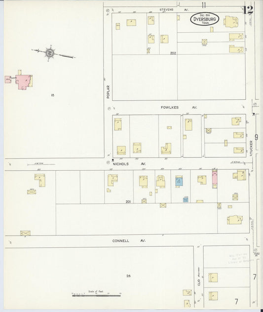 Sanborn Fire Insurance Map from Dyersburg, Dyer County, Tennessee (1914), Sheet #0012 - Historic Sanborn Fire Insurance Map Print, vintage old map wall art, antique decor, genealogy gift, Tennessee Tennessee map