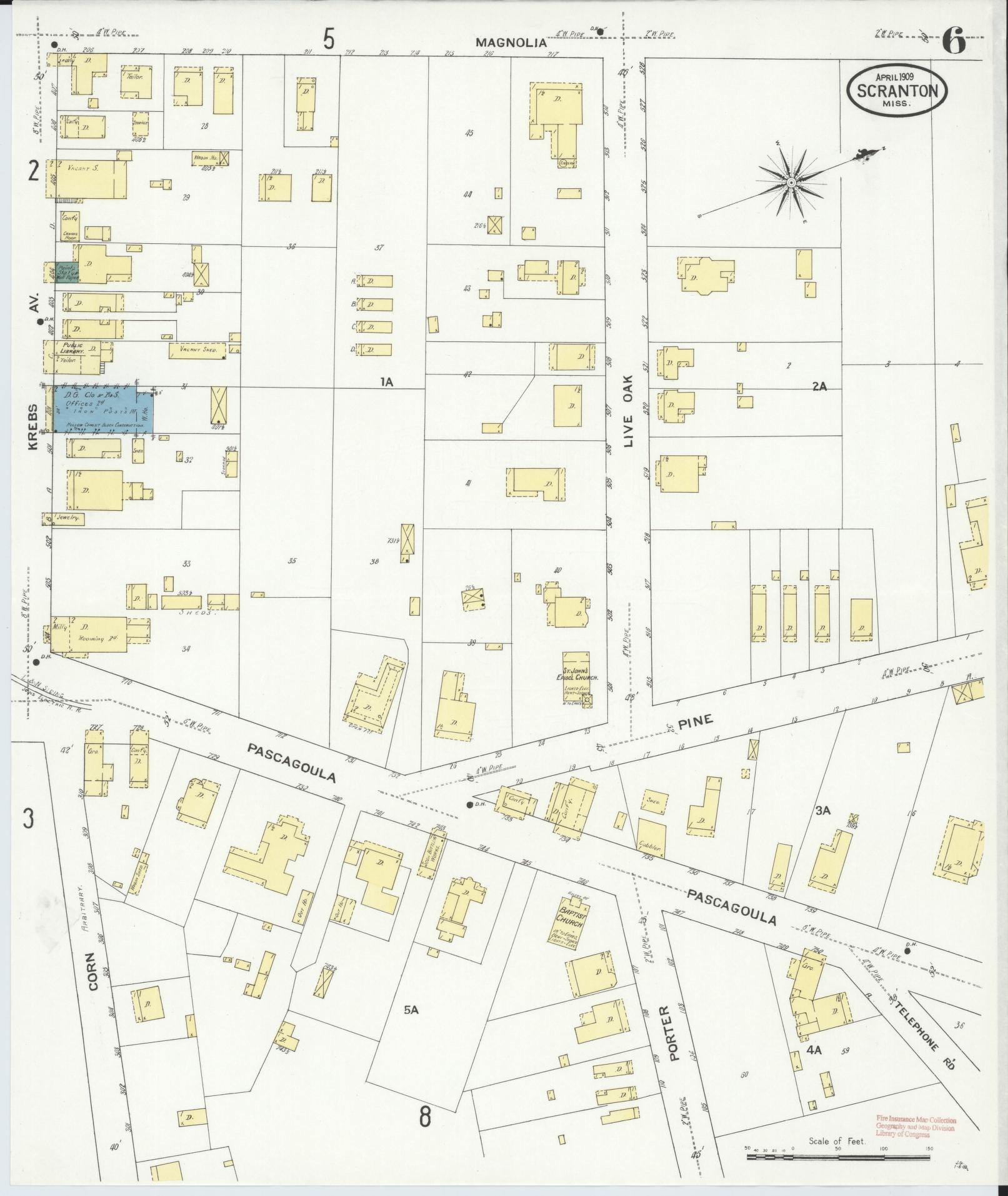 Sanborn Fire Insurance Map from Scranton, Jackson County, Mississippi (1909), Sheet #0006 - Historic Sanborn Fire Insurance Map Print, vintage old map wall art, antique decor, genealogy gift, Mississippi Mississippi map