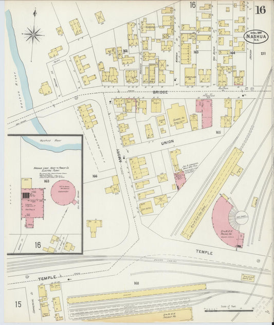 Sanborn Fire Insurance Map from Nashua, Hillsborough County, New Hampshire (1897), Sheet #0016 - Historic Sanborn Fire Insurance Map Print, vintage old map wall art, antique decor, genealogy gift, New Hampshire New Hampshire map