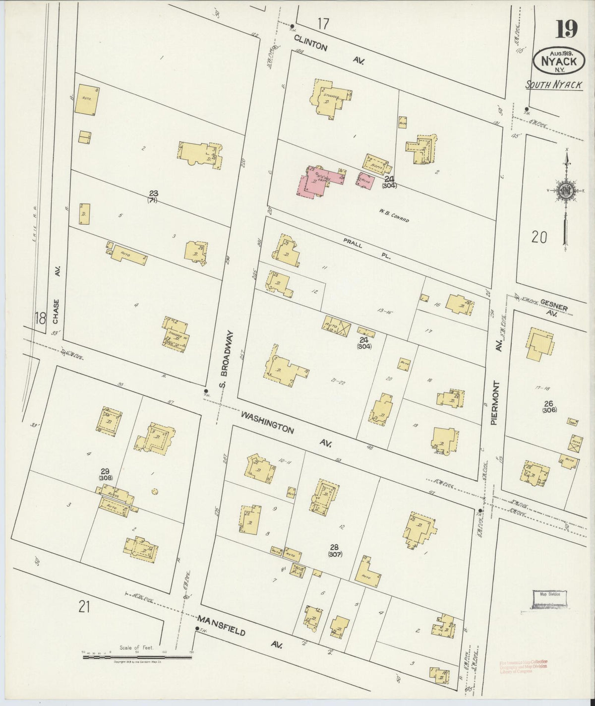 Sanborn Fire Insurance Map from Nyack, Rockland County, New York (1919), Sheet #0019 - Historic Sanborn Fire Insurance Map Print, vintage old map wall art, antique decor, genealogy gift, New York New York map