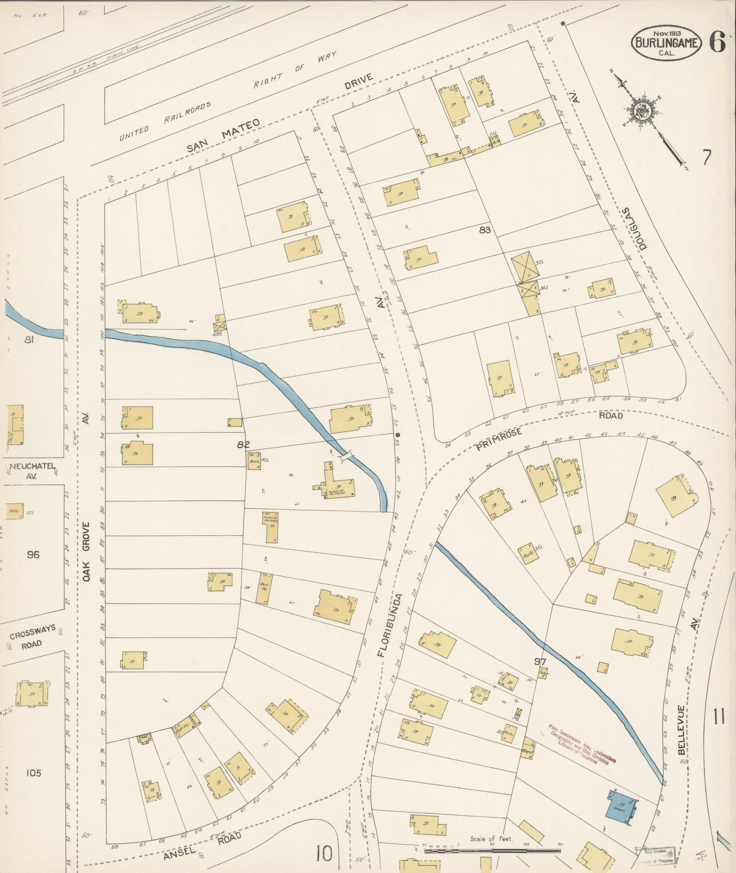 Sanborn Fire Insurance Map from Burlingame, San Mateo County, California (1913), Sheet #0006 - Historic Sanborn Fire Insurance Map Print, vintage old map wall art, antique decor, genealogy gift, California California map