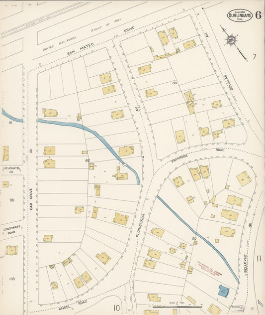 Sanborn Fire Insurance Map from Burlingame, San Mateo County, California (1913), Sheet #0006 - Historic Sanborn Fire Insurance Map Print, vintage old map wall art, antique decor, genealogy gift, California California map