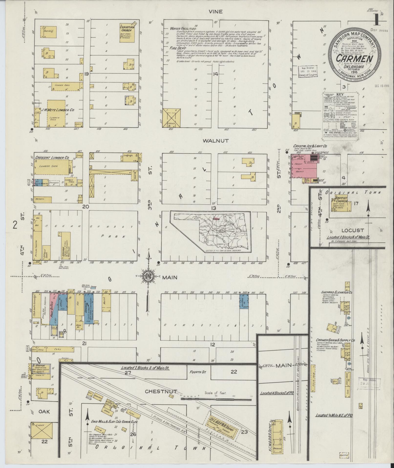 Sanborn Fire Insurance Map from Carmen, Alfalfa County, Oklahoma (1916), Sheet #0001 - Complete Map Set gallery image, historic Sanborn map, vintage wall art, Oklahoma Oklahoma