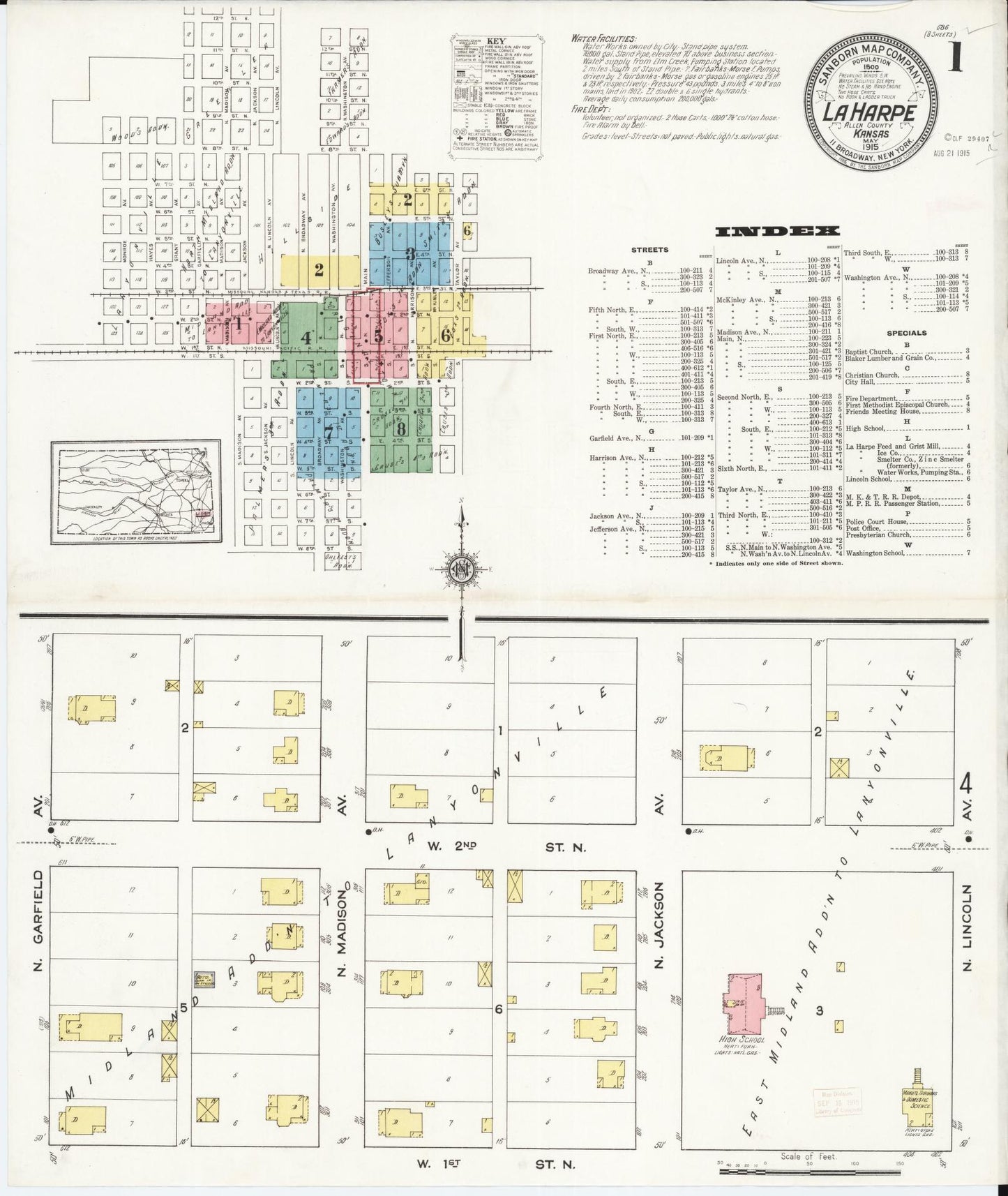 Sanborn Fire Insurance Map from La Harpe, Allen County, Kansas (1915), Sheet #0001 - Historic Sanborn Fire Insurance Map Print, vintage old map wall art, antique decor, genealogy gift, Kansas Kansas map