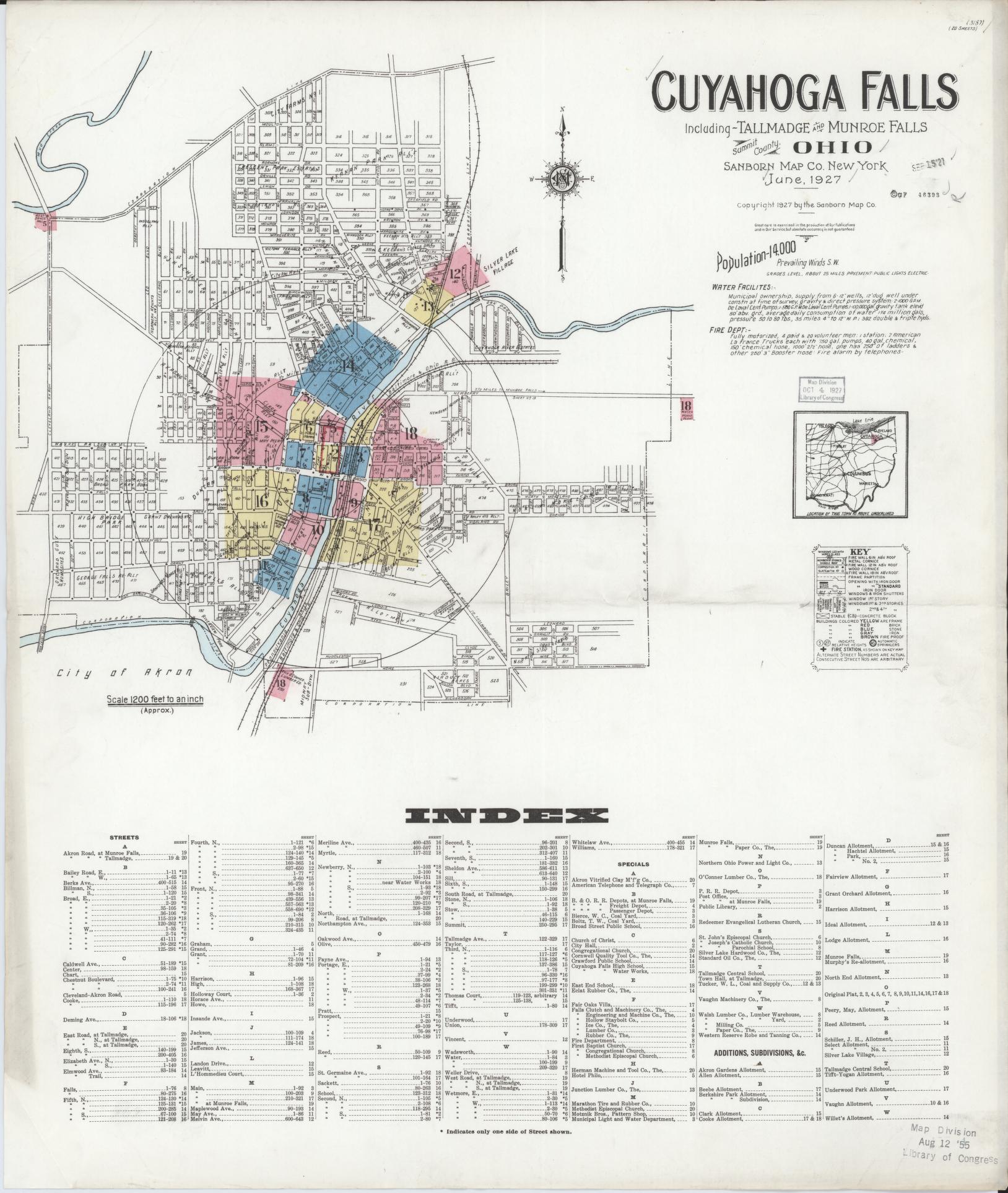 Sanborn Fire Insurance Map from Cuyahoga Falls, Summit County, Ohio (1927), Sheet #0001 - Historic Sanborn Fire Insurance Map Print, vintage old map wall art, antique decor, genealogy gift, Ohio Ohio map