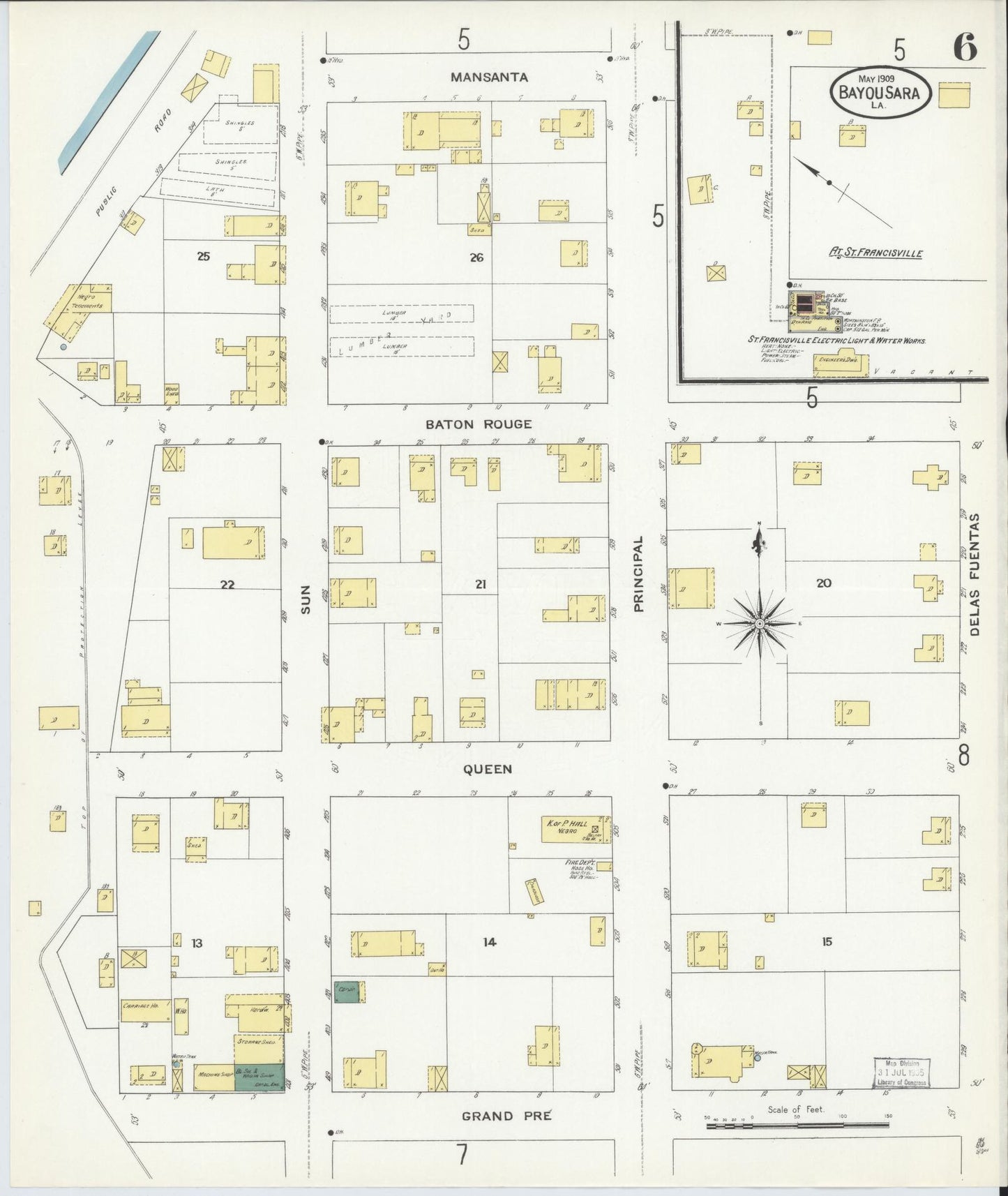 Sanborn Fire Insurance Map from Bayou Sara, West Feliciana Parish, Louisiana (1909), Sheet #0006 - Complete Map Set gallery image, historic Sanborn map, vintage wall art, Louisiana Louisiana