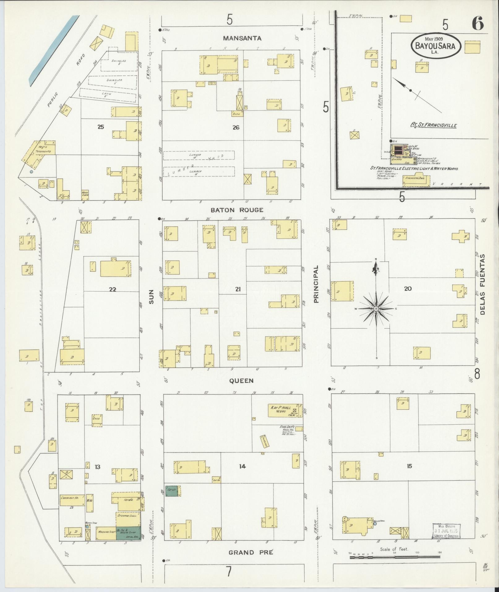 Sanborn Fire Insurance Map from Bayou Sara, West Feliciana Parish, Louisiana (1909), Sheet #0006 - Complete Map Set gallery image, historic Sanborn map, vintage wall art, Louisiana Louisiana