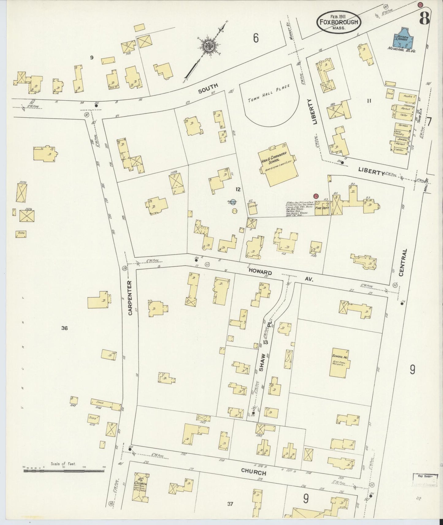 Sanborn Fire Insurance Map from Foxboro, Norfolk County, Massachusetts (1911), Sheet #0008 - Historic Sanborn Fire Insurance Map Print, vintage old map wall art, antique decor, genealogy gift, Massachusetts Massachusetts map