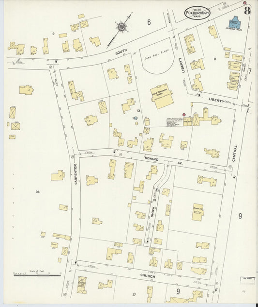 Sanborn Fire Insurance Map from Foxboro, Norfolk County, Massachusetts (1911), Sheet #0008 - Historic Sanborn Fire Insurance Map Print, vintage old map wall art, antique decor, genealogy gift, Massachusetts Massachusetts map