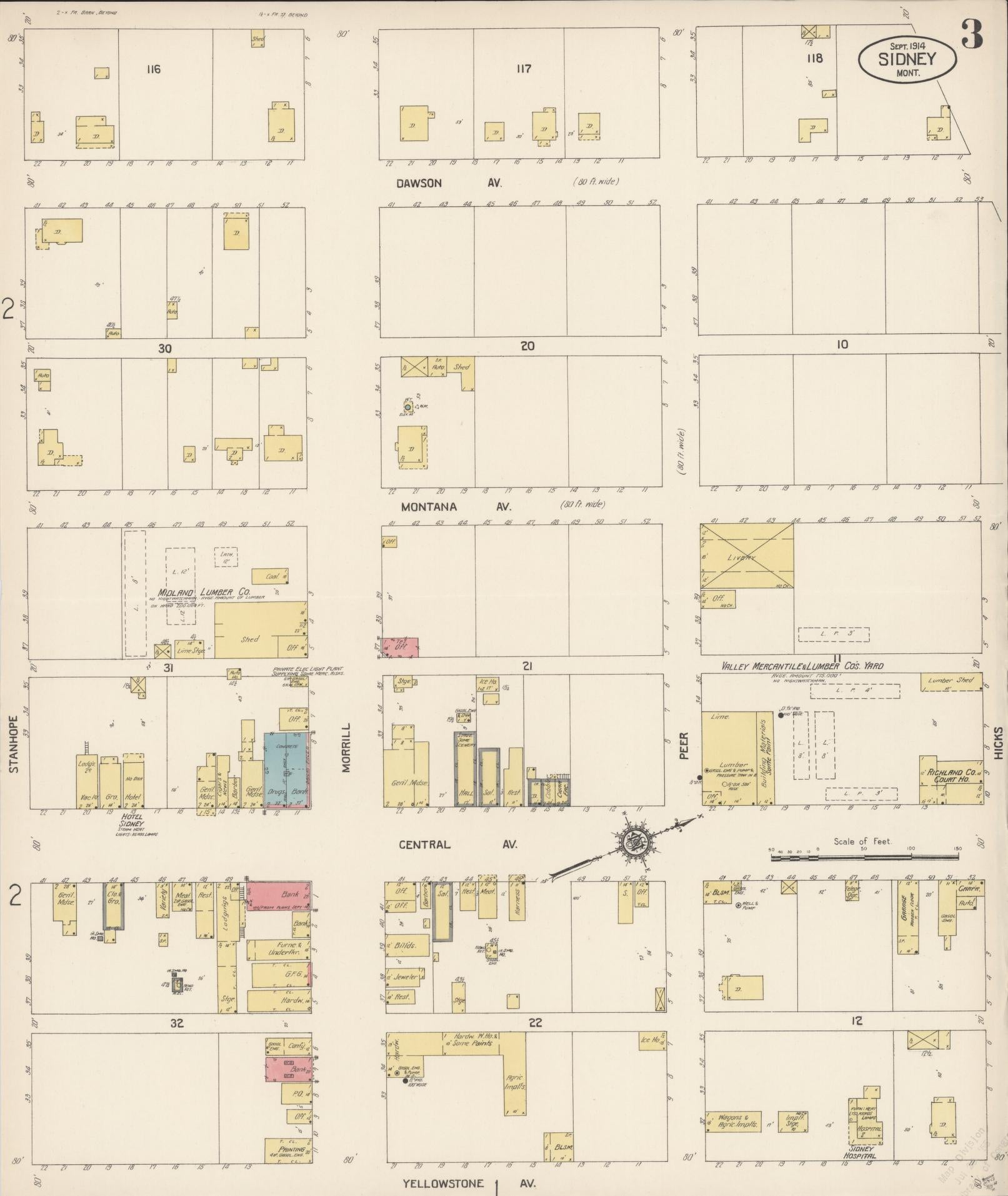 Sanborn Fire Insurance Map from Sidney, Richland County, Montana (1914), Sheet #0003 - Historic Sanborn Fire Insurance Map Print, vintage old map wall art, antique decor, genealogy gift, Montana Montana map