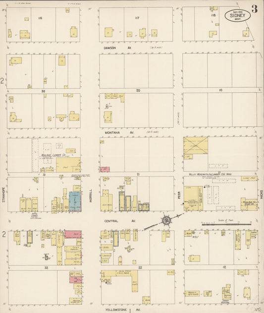 Sanborn Fire Insurance Map from Sidney, Richland County, Montana (1914), Sheet #0003 - Historic Sanborn Fire Insurance Map Print, vintage old map wall art, antique decor, genealogy gift, Montana Montana map