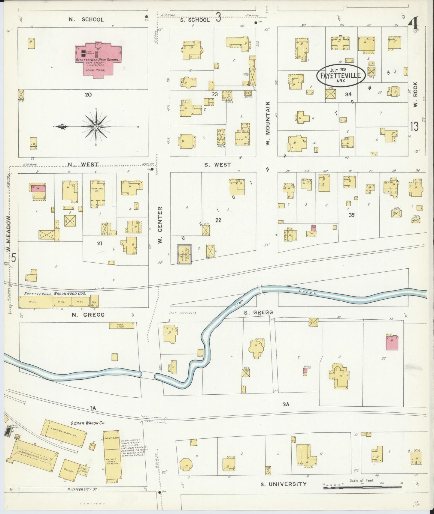 Sanborn Fire Insurance Map from Fayetteville, Washington County, Arkansas (1908), Sheet #0004 - Complete Map Set gallery image, historic Sanborn map, vintage wall art, Arkansas Arkansas
