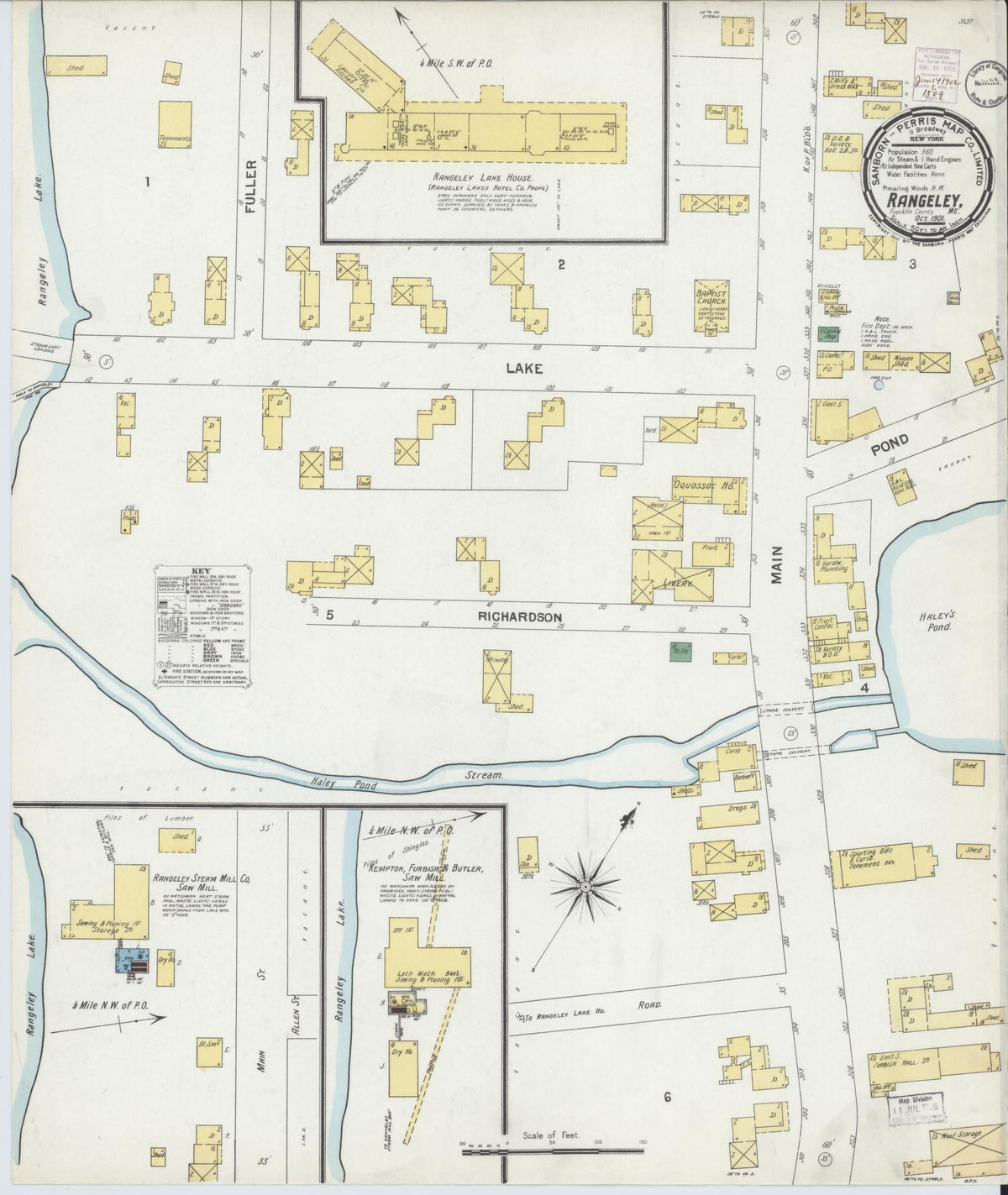 Sanborn Fire Insurance Map from Rangeley, Franklin County, Maine (1901), Sheet #0001 - Historic Sanborn Fire Insurance Map Print, vintage old map wall art, antique decor, genealogy gift, Maine Maine map