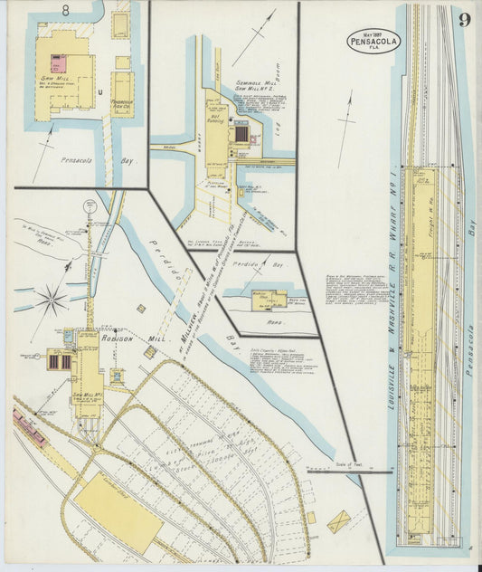 Sanborn Fire Insurance Map from Pensacola, Escambia County, Florida (1897), Sheet #0009 - Historic Sanborn Fire Insurance Map Print, vintage old map wall art, antique decor, genealogy gift, Florida Florida map