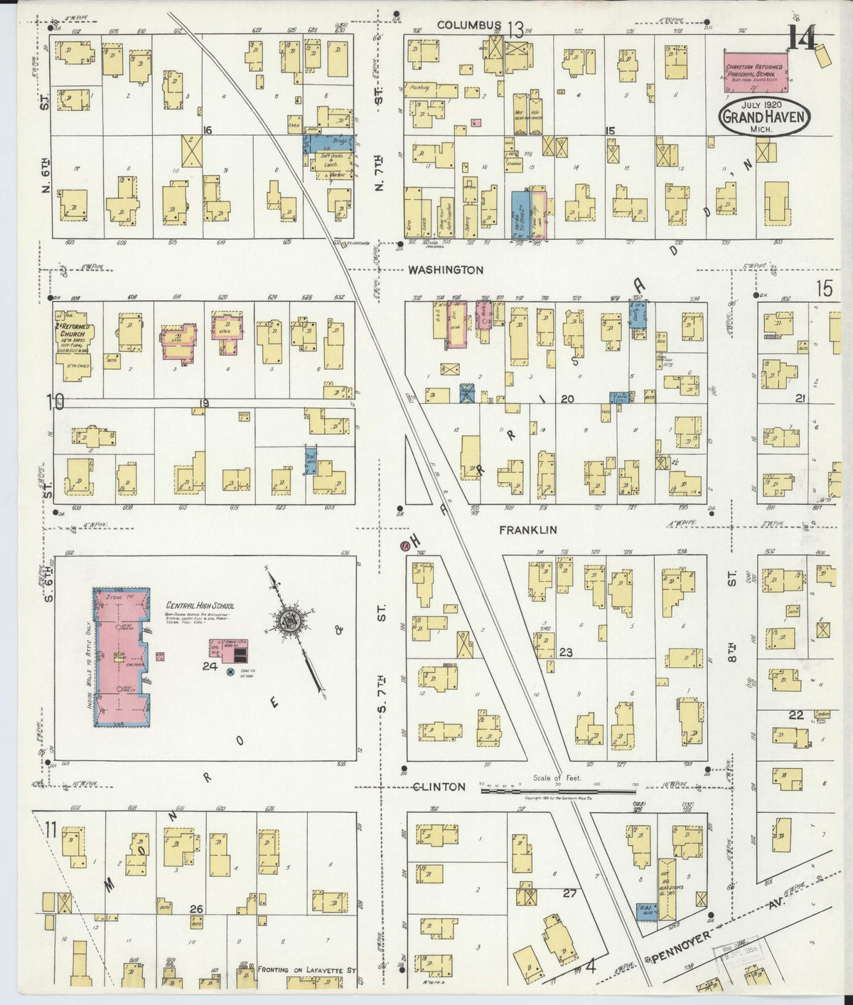 Sanborn Fire Insurance Map from Grand Haven, Ottawa County, Michigan (1920), Sheet #0014 - Complete Map Set gallery image, historic Sanborn map, vintage wall art, Michigan Michigan