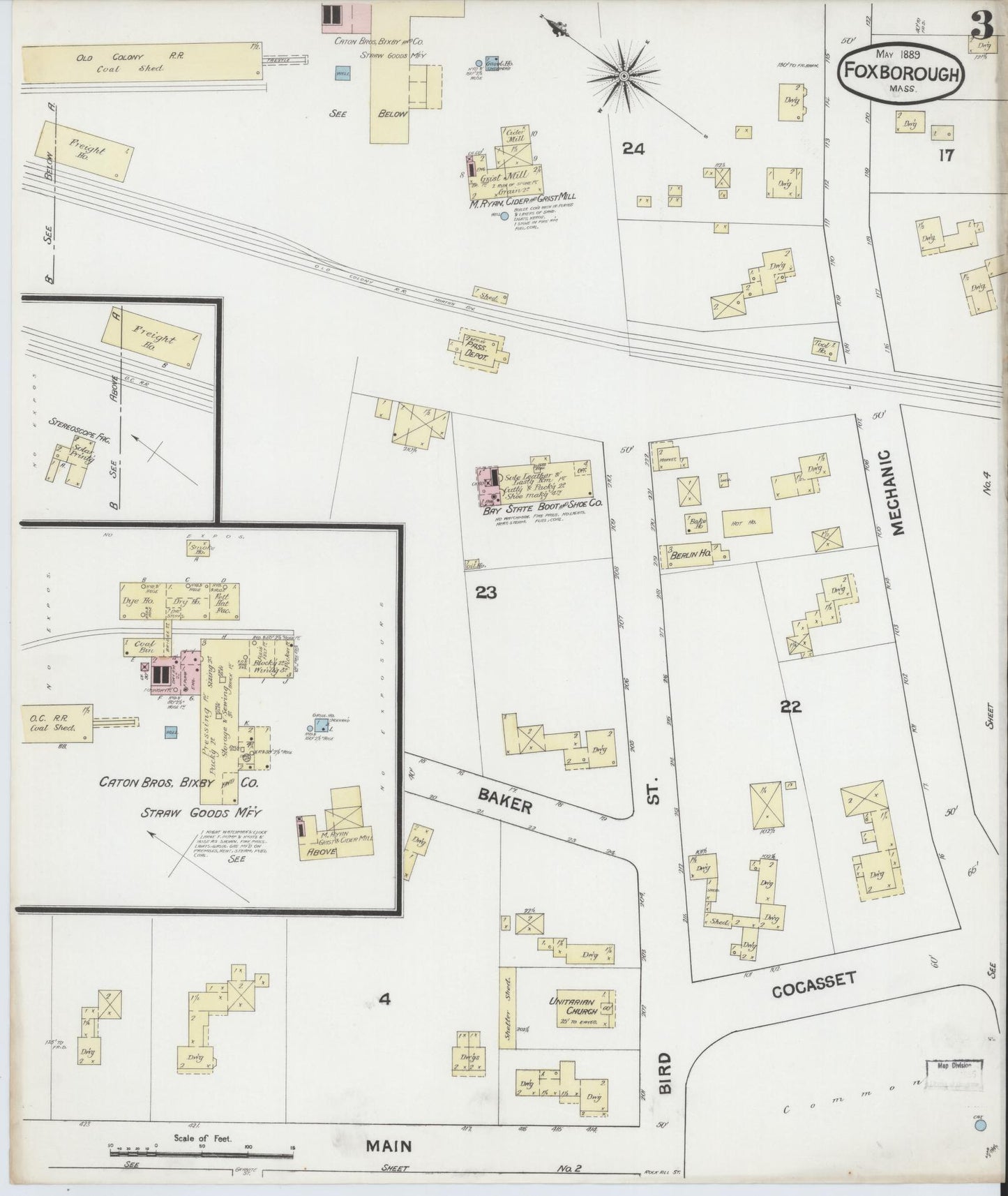 Sanborn Fire Insurance Map from Foxboro, Norfolk County, Massachusetts (1889), Sheet #0003 - Complete Map Set gallery image, historic Sanborn map, vintage wall art, Massachusetts Massachusetts