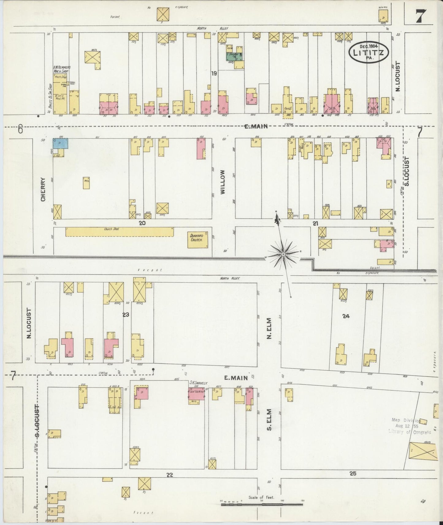 Sanborn Fire Insurance Map from Lititz, Lancaster County, Pennsylvania (1904), Sheet #0007 - Complete Map Set gallery image, historic Sanborn map, vintage wall art, Pennsylvania Pennsylvania