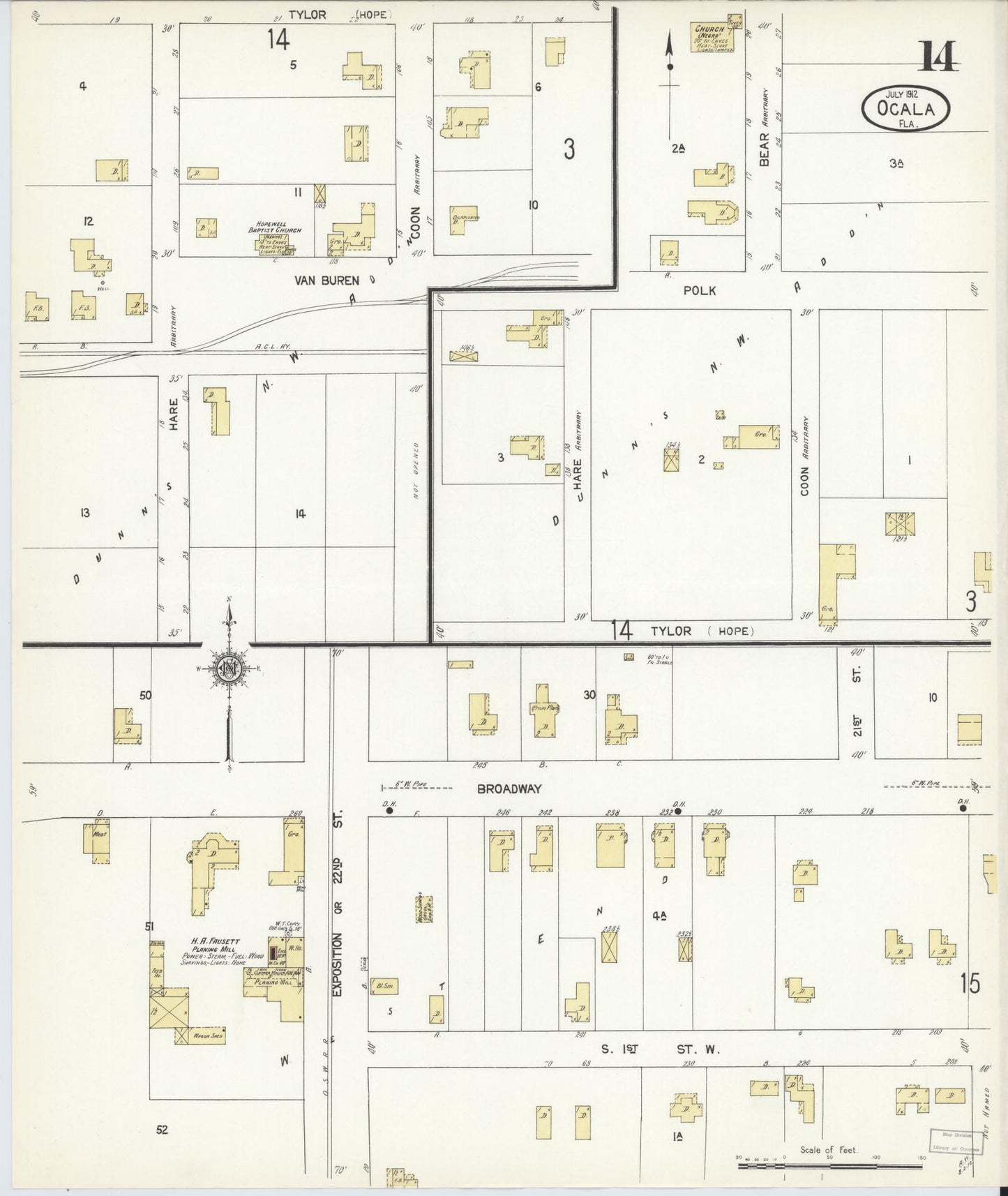 Sanborn Fire Insurance Map from Ocala, Marion County, Florida (1912), Sheet #0014 - Historic Sanborn Fire Insurance Map Print, vintage old map wall art, antique decor, genealogy gift, Florida Florida map