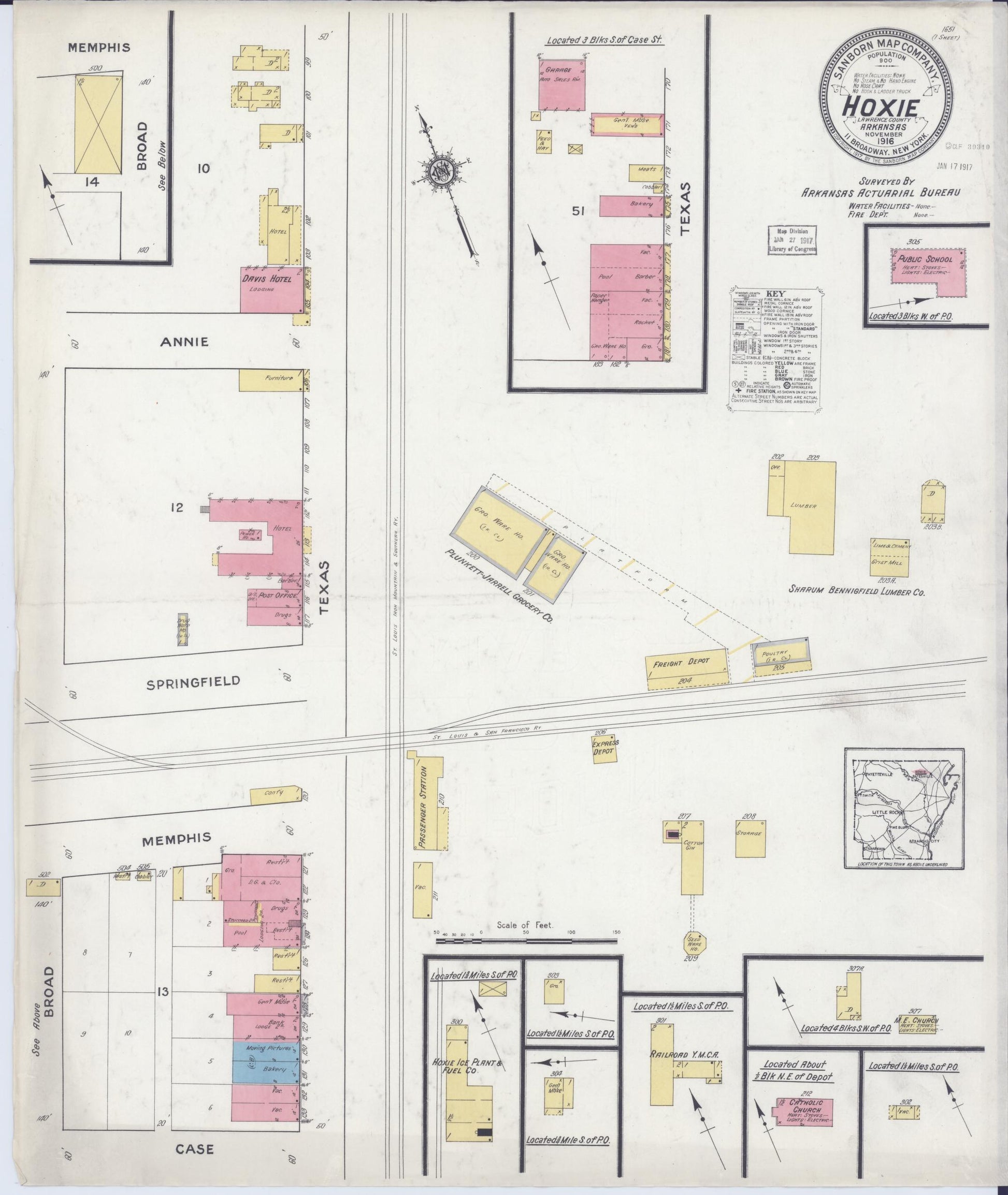 Sanborn Fire Insurance Map from Hoxie, Lawrence County, Arkansas (1916), Sheet #0001 - Historic Sanborn Fire Insurance Map Print, vintage old map wall art, antique decor, genealogy gift, Arkansas Arkansas map