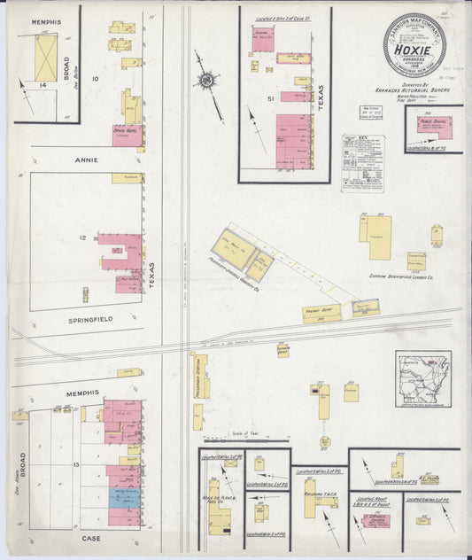 Sanborn Fire Insurance Map from Hoxie, Lawrence County, Arkansas (1916), Sheet #0001 - Historic Sanborn Fire Insurance Map Print, vintage old map wall art, antique decor, genealogy gift, Arkansas Arkansas map