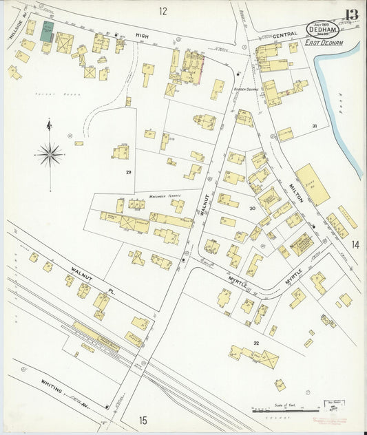 Sanborn Fire Insurance Map from Dedham, Norfolk County, Massachusetts (1909), Sheet #0013 - Historic Sanborn Fire Insurance Map Print, vintage old map wall art, antique decor, genealogy gift, Massachusetts Massachusetts map