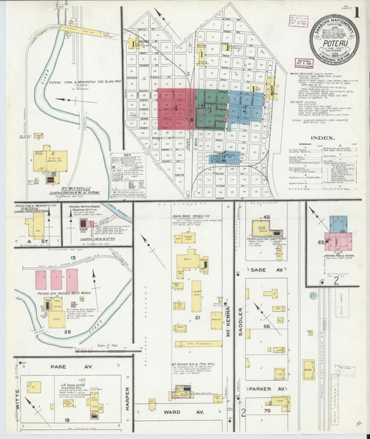 Sanborn Fire Insurance Map from Poteau, Le Flore County, Oklahoma (1909), Sheet #0001 - Complete Map Set gallery image, historic Sanborn map, vintage wall art, Oklahoma Oklahoma