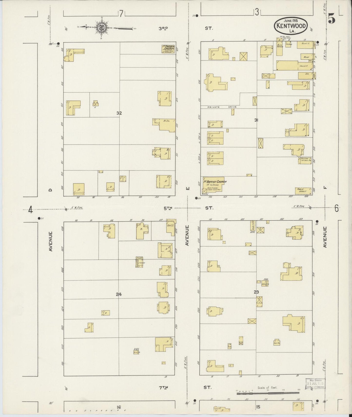 Sanborn Fire Insurance Map from Kentwood, Tangipahoa Parish, Louisiana (1915), Sheet #0005 - Complete Map Set gallery image, historic Sanborn map, vintage wall art, Louisiana Louisiana