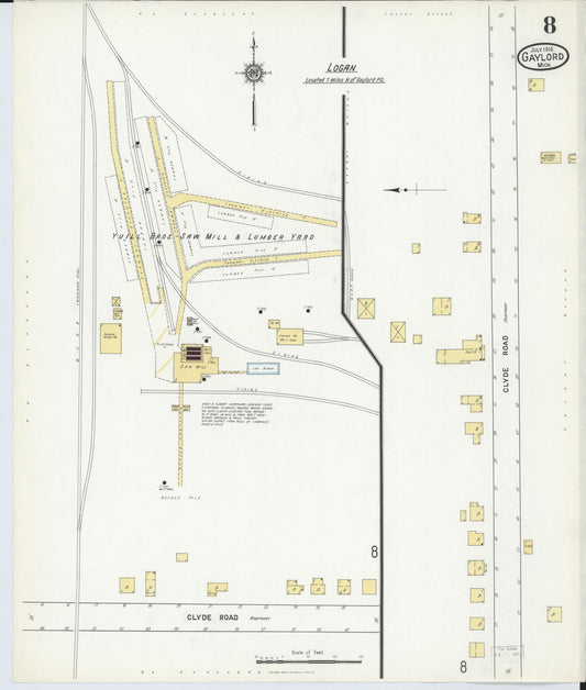 Sanborn Fire Insurance Map from Gaylord, Otsego County, Michigan (1916), Sheet #0008 - Historic Sanborn Fire Insurance Map Print, vintage old map wall art, antique decor, genealogy gift, Michigan Michigan map