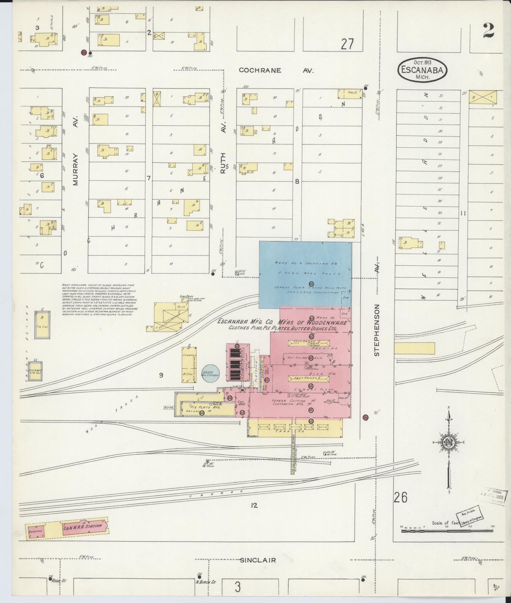 Sanborn Fire Insurance Map from Escanaba, Delta County, Michigan (1913), Sheet #0002 - Complete Map Set gallery image, historic Sanborn map, vintage wall art, Michigan Michigan