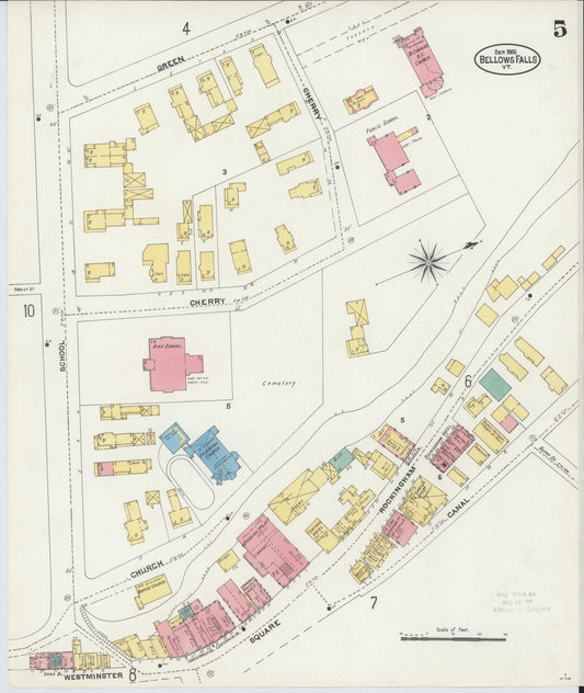 Sanborn Fire Insurance Map from Bellows Falls, Windham County, Vermont (1906), Sheet #0005 - Historic Sanborn Fire Insurance Map Print, vintage old map wall art, antique decor, genealogy gift, Vermont Vermont map