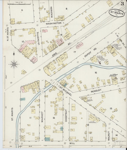 Sanborn Fire Insurance Map from Saint Marys, Elk County, Pennsylvania (1887), Sheet #0003 - Historic Sanborn Fire Insurance Map Print, vintage old map wall art, antique decor, genealogy gift, Pennsylvania Pennsylvania map