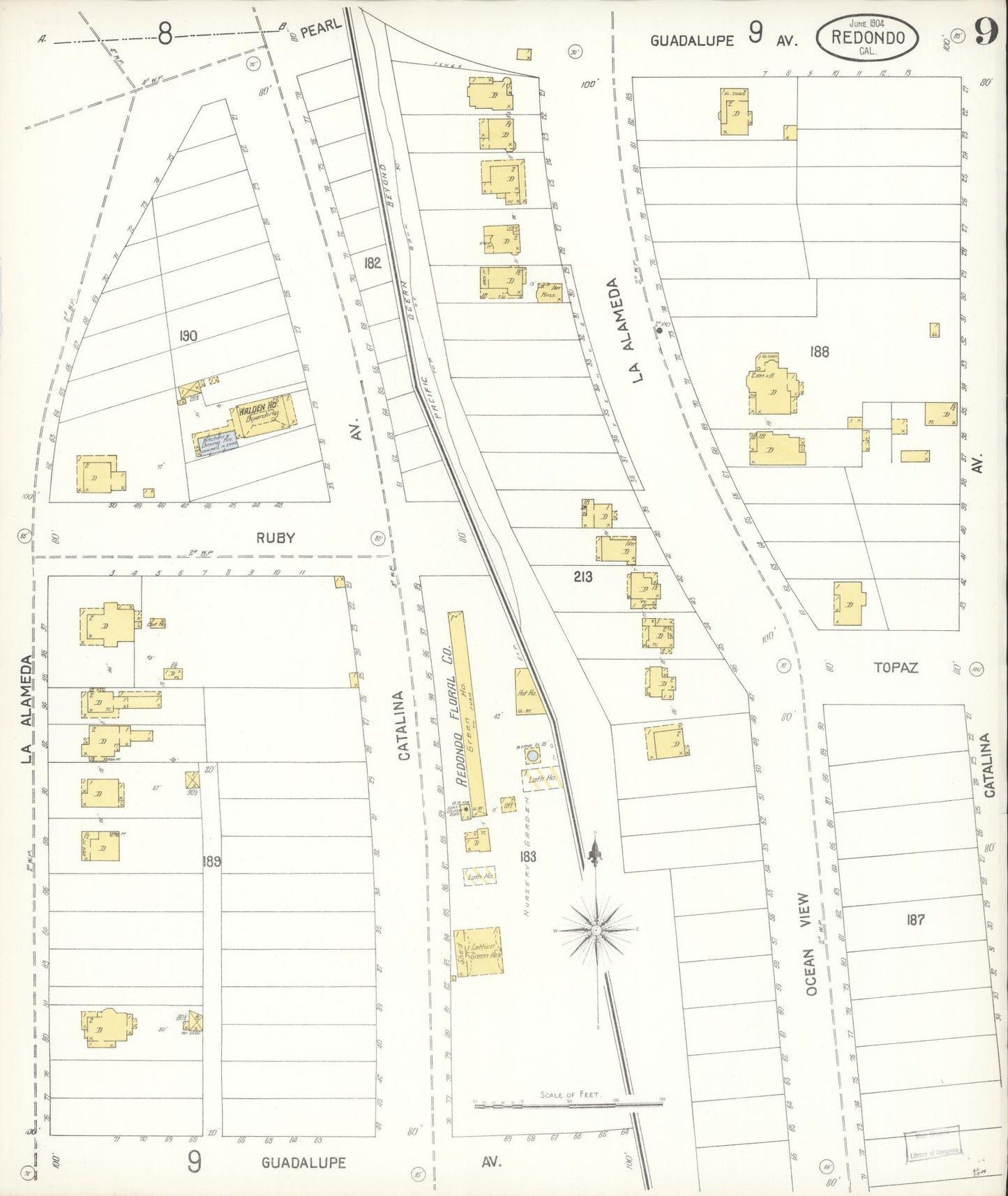 Sanborn Fire Insurance Map from Redondo Beach, Los Angeles County, California (1904), Sheet #0009 - Complete Map Set gallery image, historic Sanborn map, vintage wall art, California California