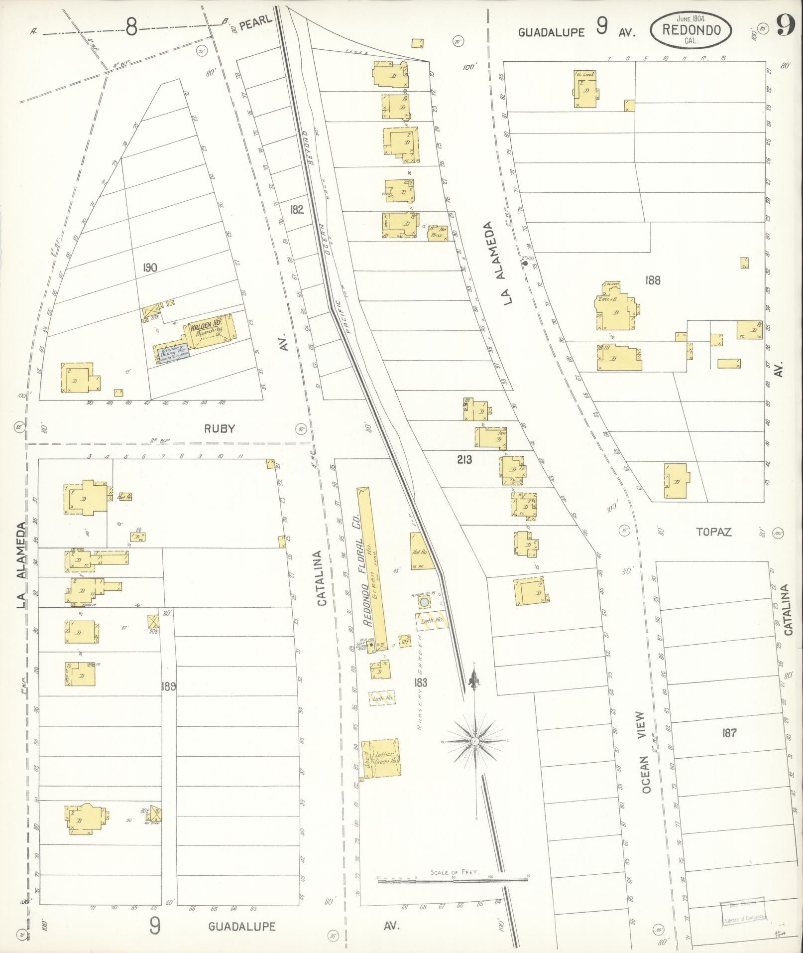 Sanborn Fire Insurance Map from Redondo Beach, Los Angeles County, California (1904), Sheet #0009 - Complete Map Set gallery image, historic Sanborn map, vintage wall art, California California