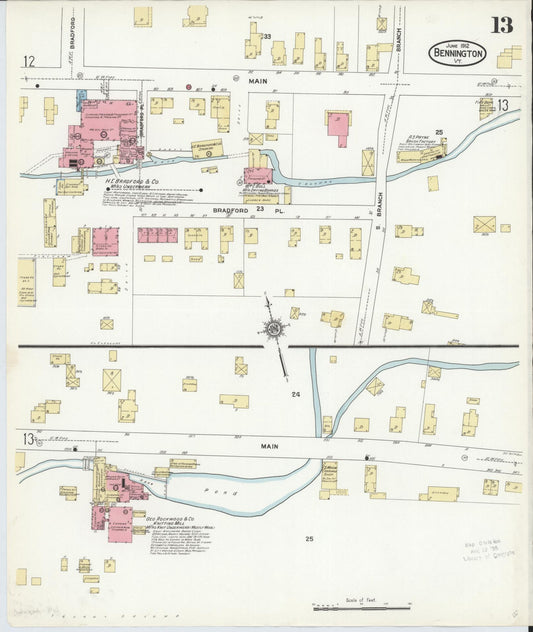 Sanborn Fire Insurance Map from Bennington, Bennington County, Vermont (1912), Sheet #0013 - Historic Sanborn Fire Insurance Map Print, vintage old map wall art, antique decor, genealogy gift, Vermont Vermont map