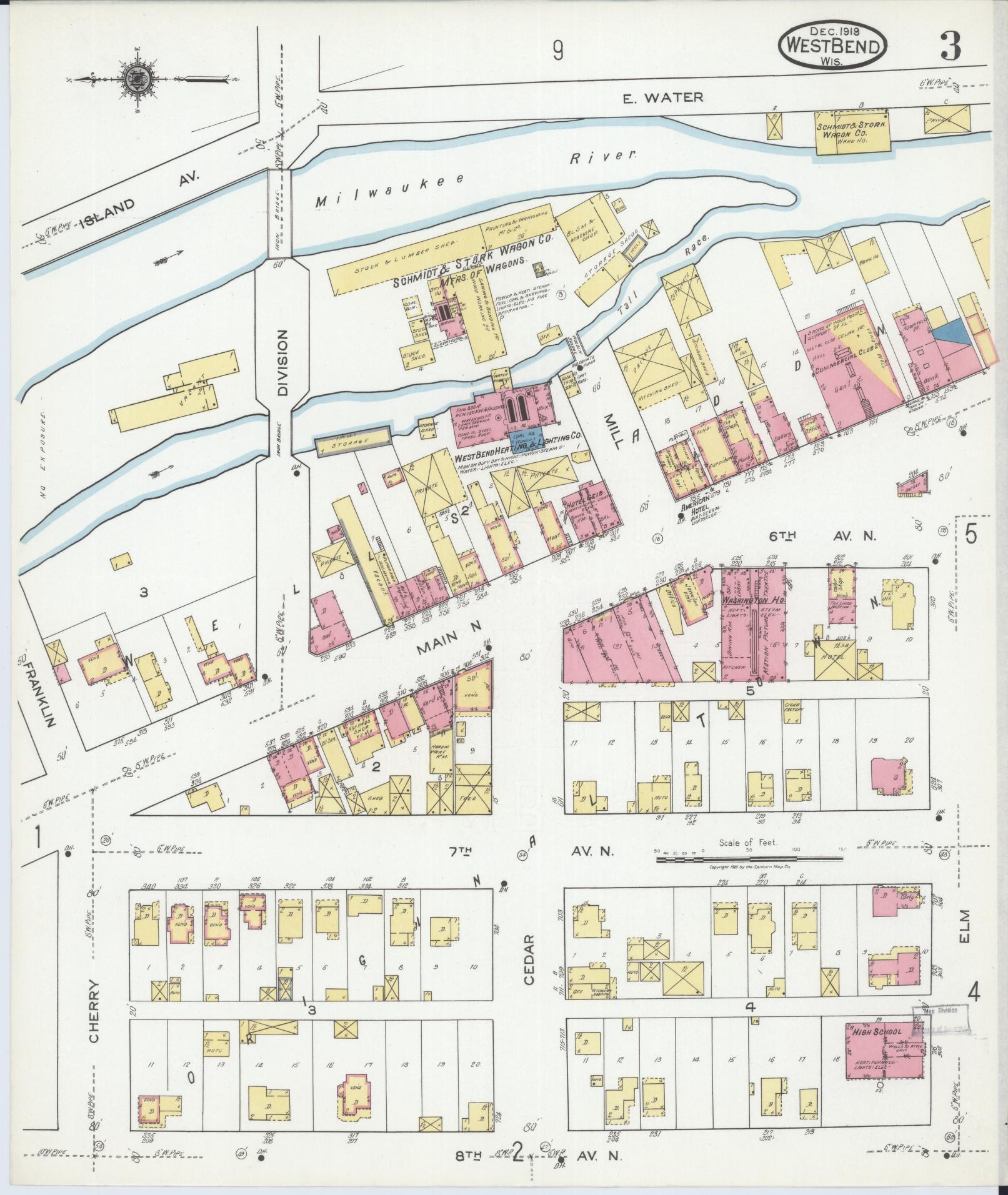 Sanborn Fire Insurance Map from West Bend, Washington County, Wisconsin (1919), Sheet #0003 - Complete Map Set gallery image, historic Sanborn map, vintage wall art, Wisconsin Wisconsin