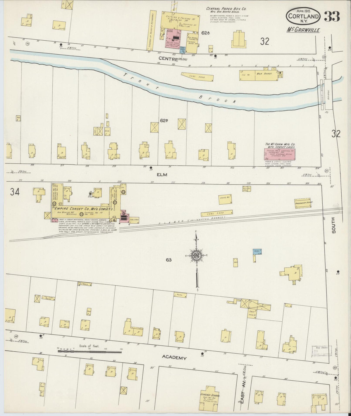 Sanborn Fire Insurance Map from Cortland, Cortland County, New York (1915), Sheet #0033 - Historic Sanborn Fire Insurance Map Print, vintage old map wall art, antique decor, genealogy gift, New York New York map