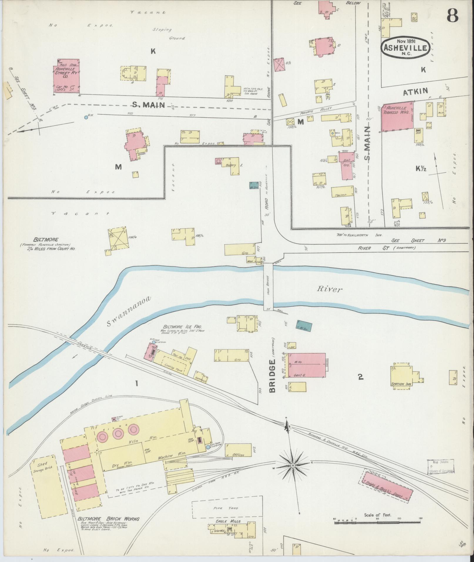 Sanborn Fire Insurance Map from Asheville, Buncombe County, North Carolina (1891), Sheet #0008 - Complete Map Set gallery image, historic Sanborn map, vintage wall art, North Carolina North Carolina