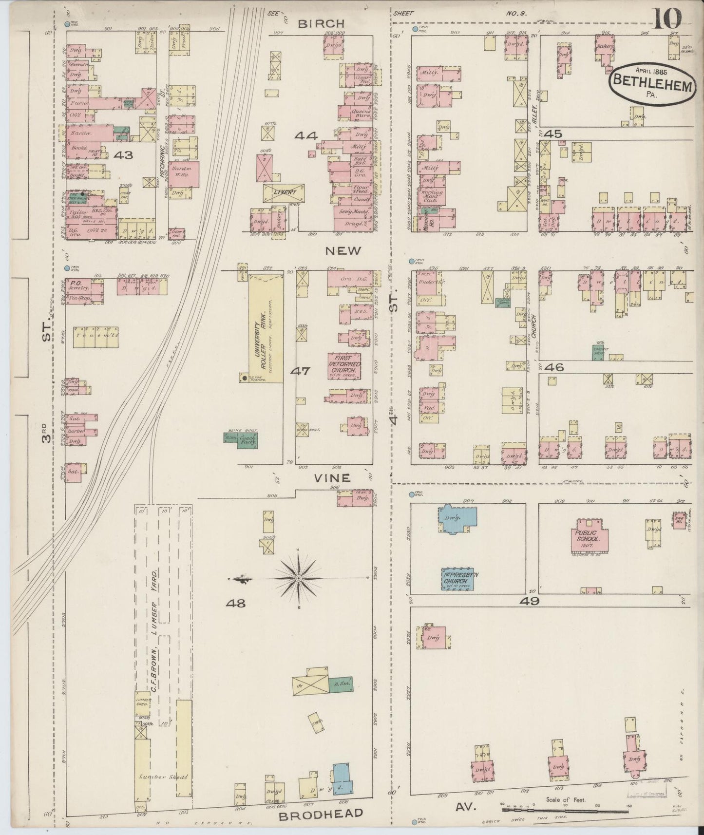 Sanborn Fire Insurance Map from Bethlehem, Northampton And Lehigh Counties, Pennsylvania (1885), Sheet #0010 - Historic Sanborn Fire Insurance Map Print, vintage old map wall art, antique decor, genealogy gift, Pennsylvania Pennsylvania map