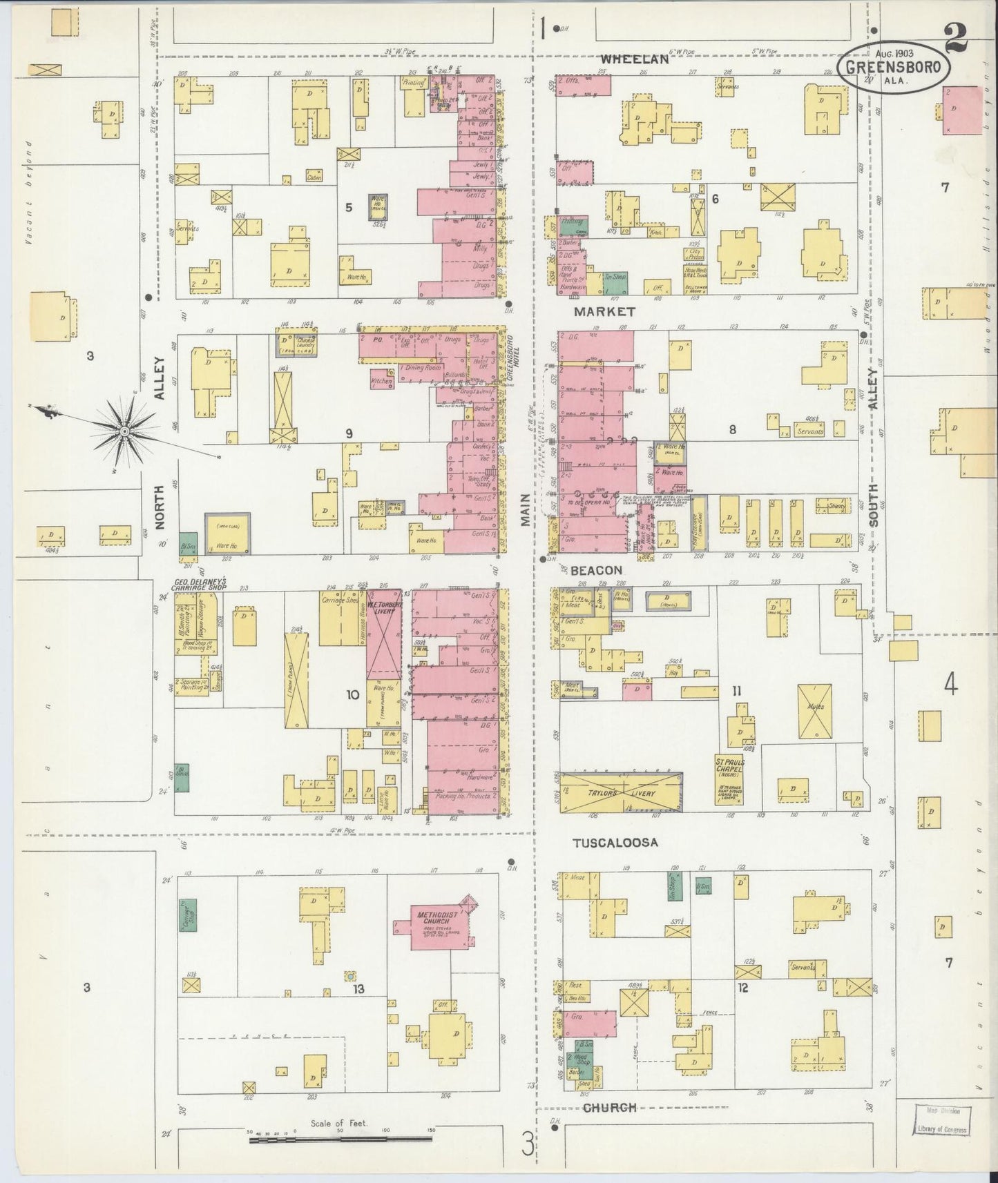 Sanborn Fire Insurance Map from Greensboro, Hale County, Alabama (1903), Sheet #0002 - Complete Map Set gallery image, historic Sanborn map, vintage wall art, Alabama Alabama